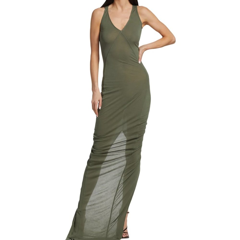NWT Rick Owens Sheer V-Neck Column Green Gown Dress Size Small $725
